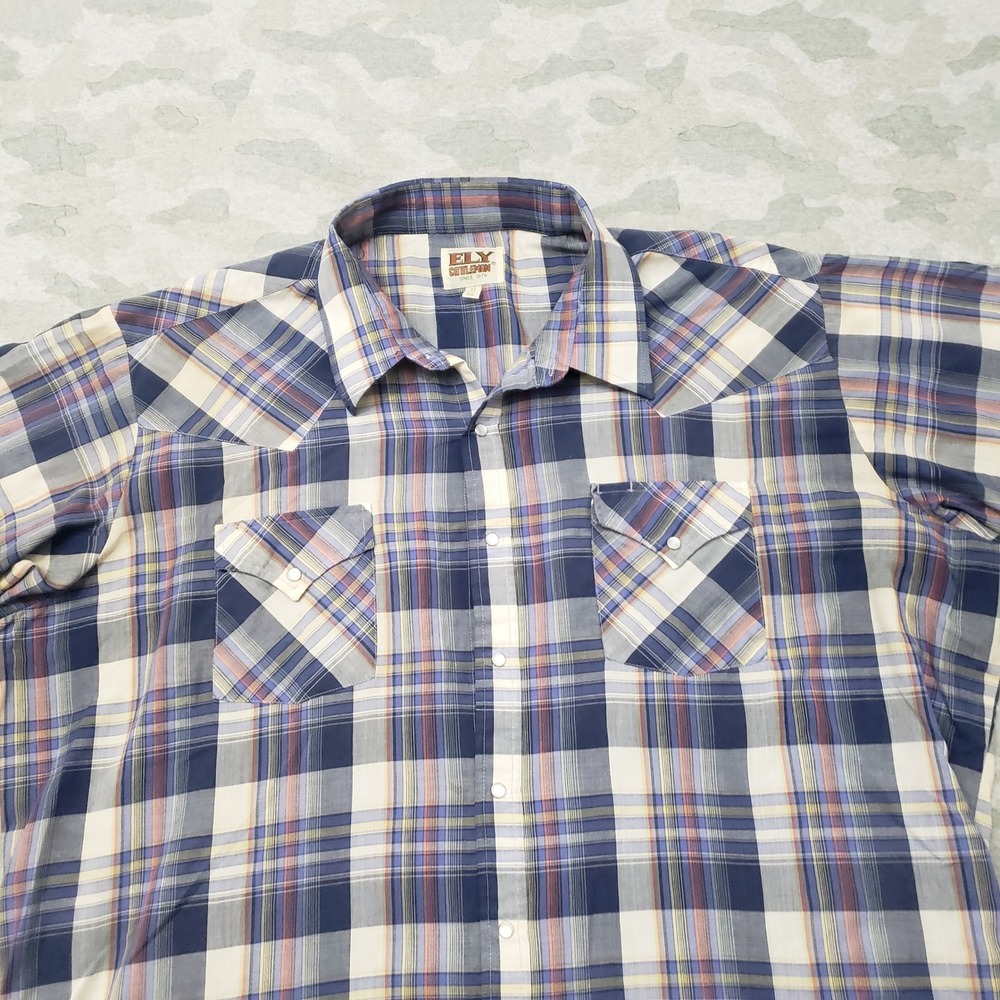 Ely Cattleman Western Shirt Mens 2XL Blue Plaid Pearl Snap Short Sleeve Rodeo - Picture 3 of 8